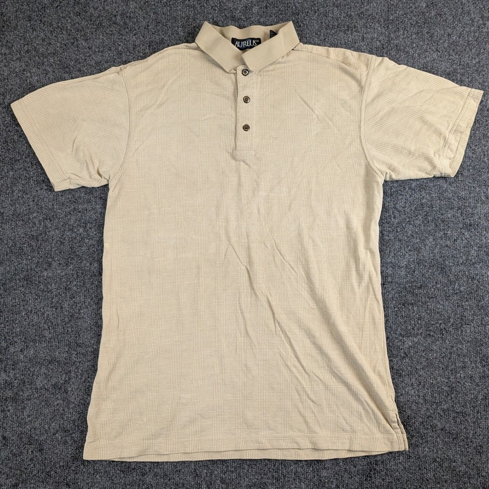 Aureus Bamboo Tech Mens Polo Shirt Tan Textured Plaid Short Sleeve Size L - Picture 1 of 14